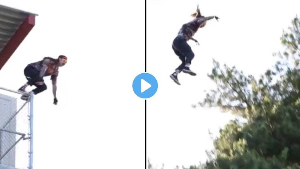 viral video while performing dangerous stunt young man jumps from house terese video viral on social media