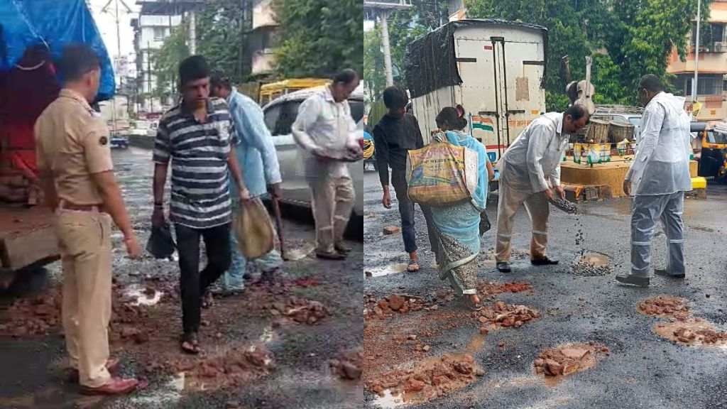 Pothole filling works by traffic police