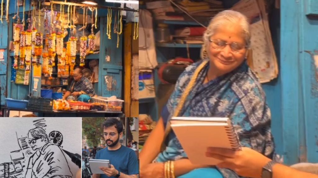 A portrait of a old lady selling flowers drawn by an artist in pune Watch the heartwarming video