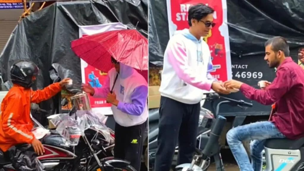 A influencer started Relaxation for delivery boy who are working in heavy rain Giving samosa-tea-water and raincoat Watch video