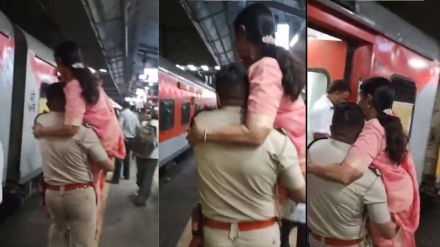 RIF Cop Carries Elderly Woman In His Arms Upto Her Coach At Borivali Station Mumbai