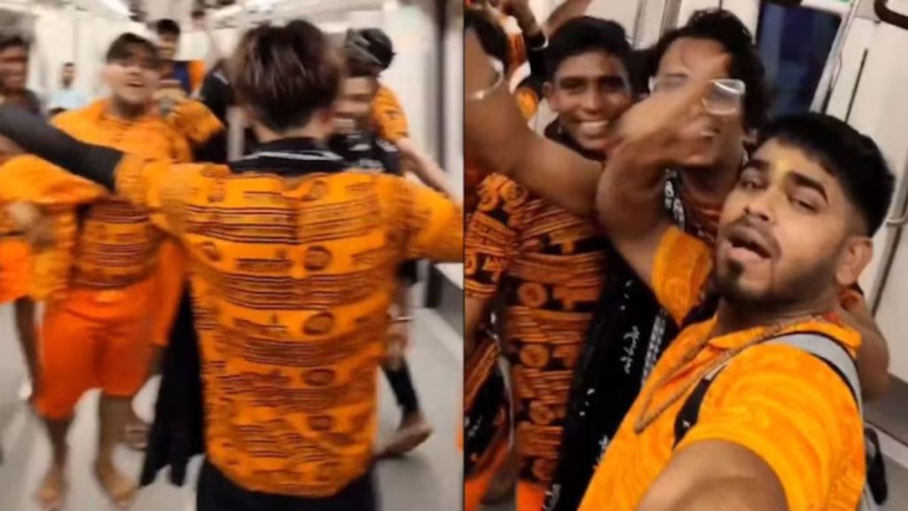 kanwar yatra 2023 Group of kanwariyas dance in Delhi Metro Viral video