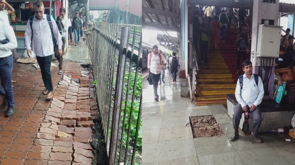 Broken paver blocks on platform five at Dombivli railway station