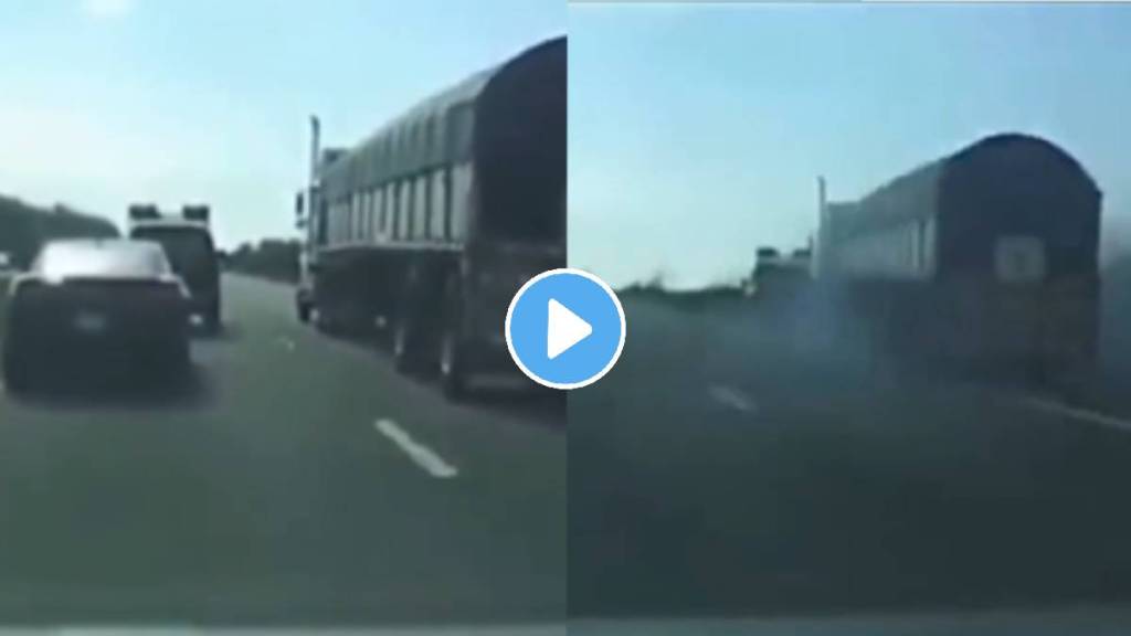 viral shocking accident while car overtaking a truck on highway video viral on social media