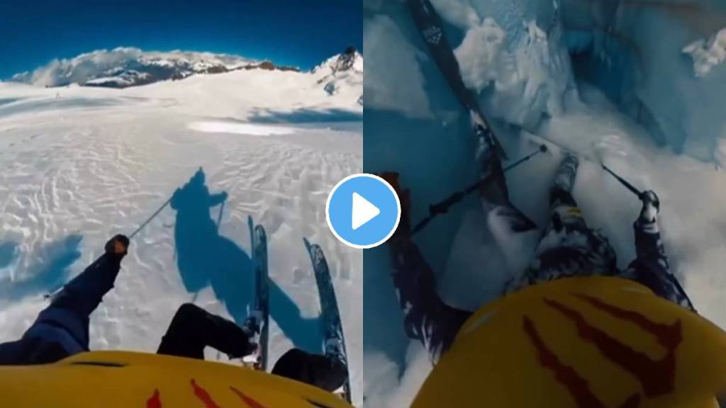 world viral video of a man falling in deep glacier while ice skiing accident shocking video viral on social media