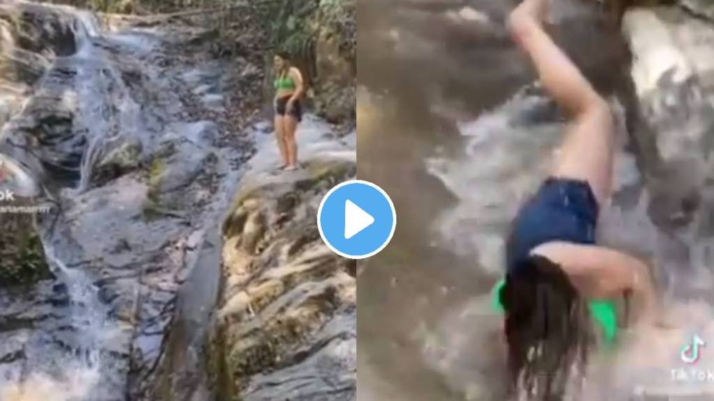 girl fell into waterfall funny video viral on social media trending today news video