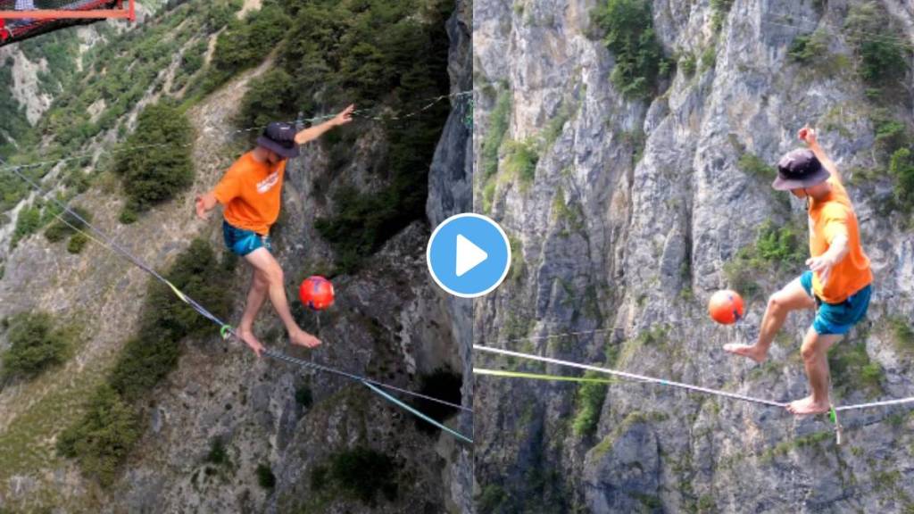 Man Playing Football While Walking On A Rope Video Viral.