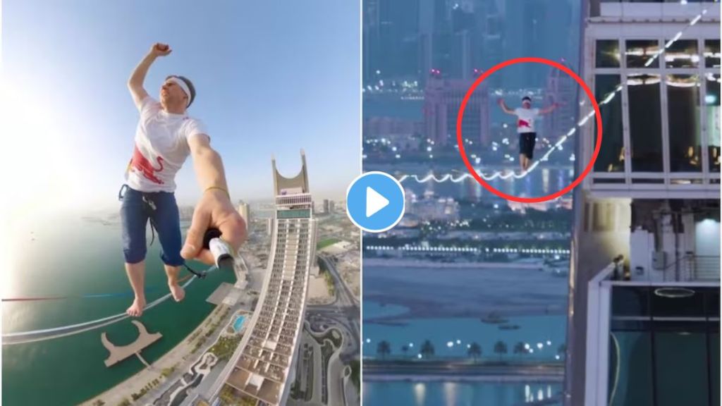 Man Crosses Slackline On Marina Towers