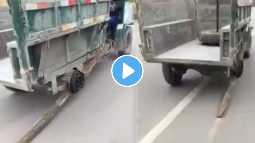 desi jugaad man fits wodden board in plac of tyer to run four wheeler truck with three tyer watch video