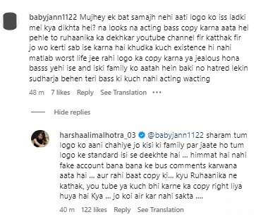 harshali malhotra reply trollers