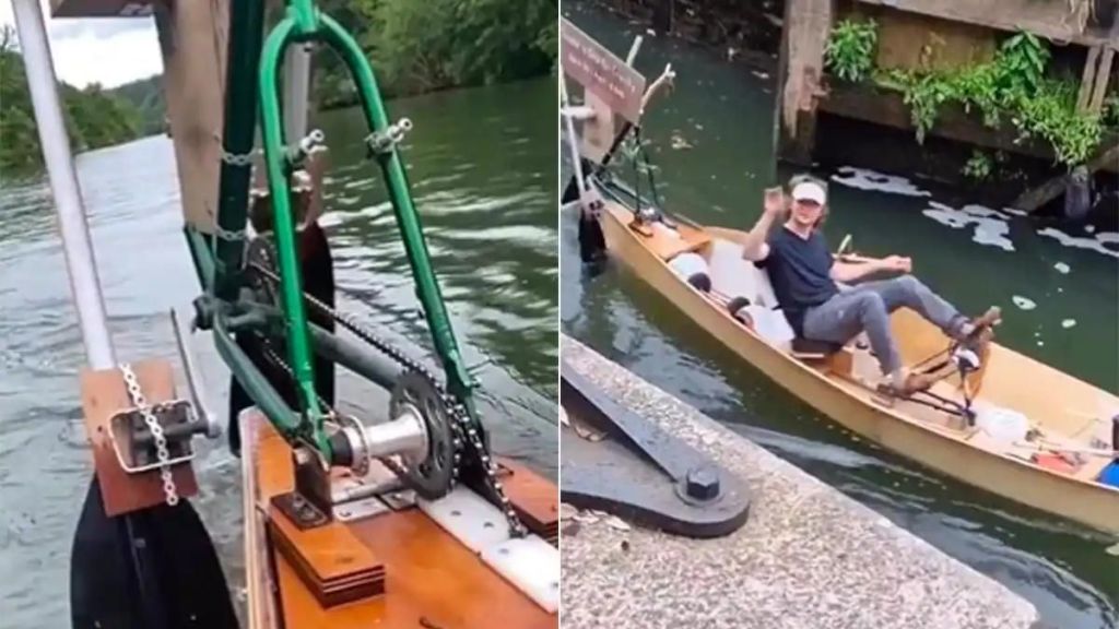 man did jugaad fits paddle with chain at back side of boat people loves his idea