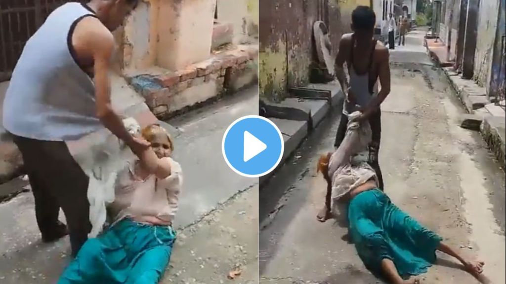 man drags elderly mother viral video