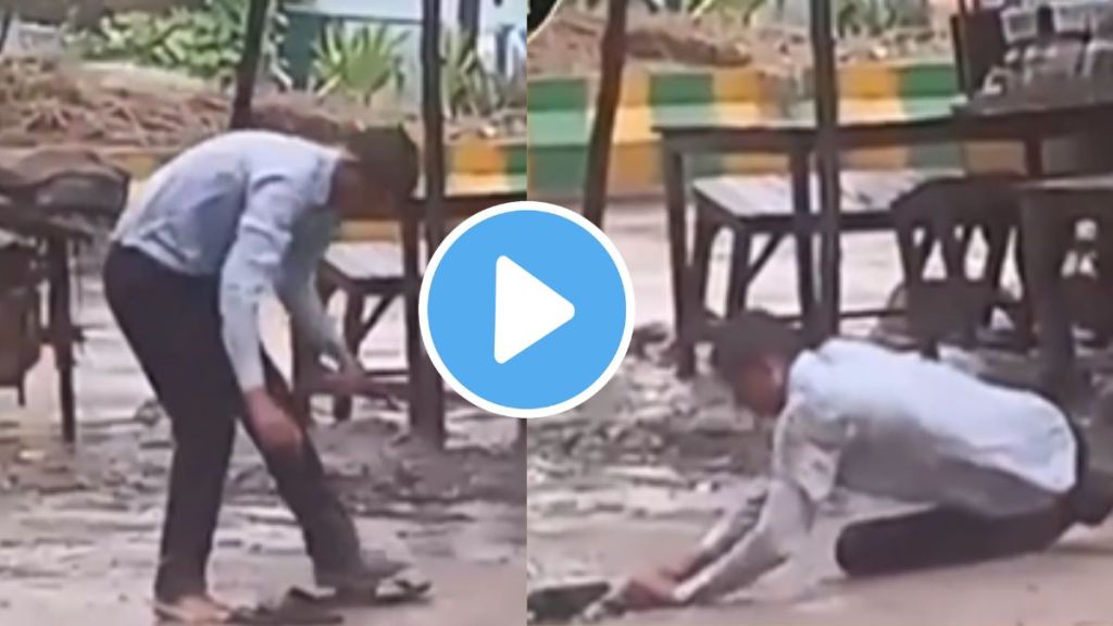 a Drunk man or alcoholic man video trying to wear footwear or chappal funny video goes viral