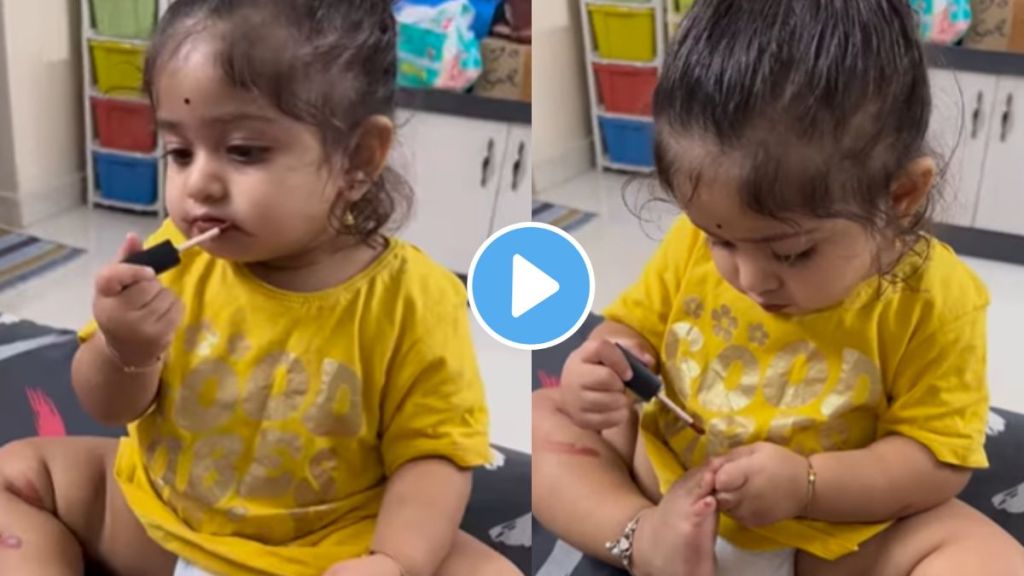 a child girl dont know lipstick and nail polish video viral of using lipstick on lips and nails makeup lover