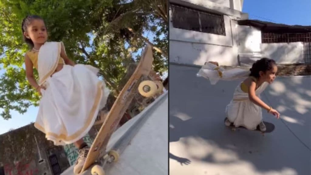 Little girl dressed in Kerala's Kasavu saree stuns Internet with skating skills