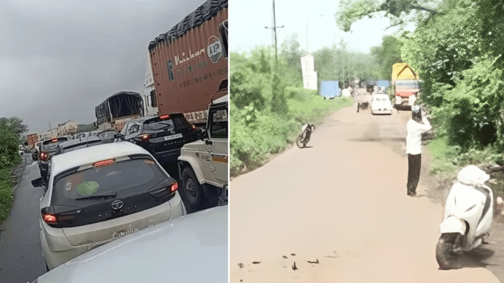 potholes nashik highway heavy vehicles shilphata traffic jam