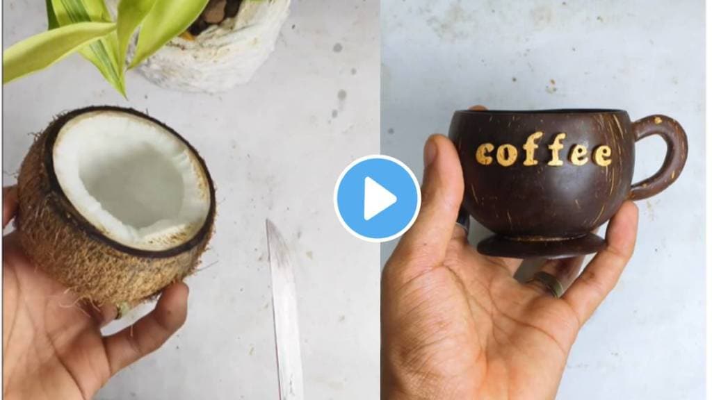 A user has made a cool coffee and tea cup out of coconut husks