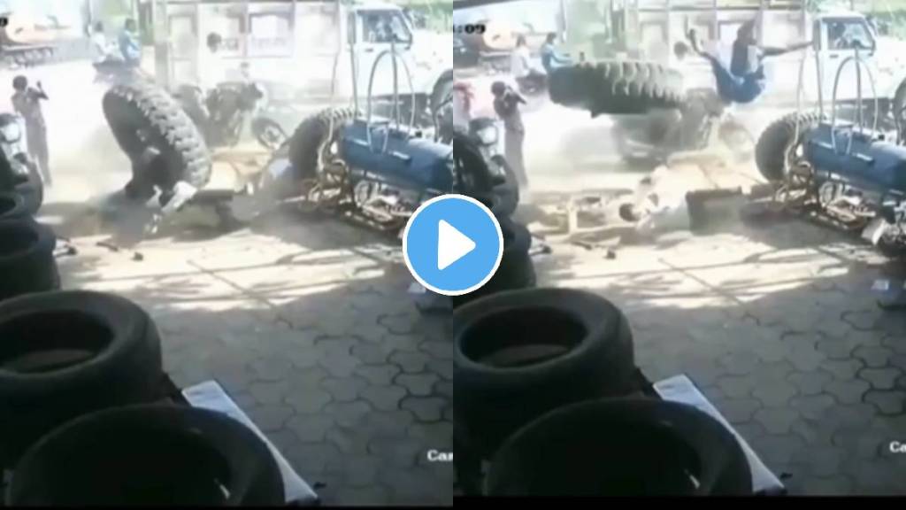 while making a puncture of truck tyre there was a sudden explosion in the tube three workers were thrown into the air video viral on social media