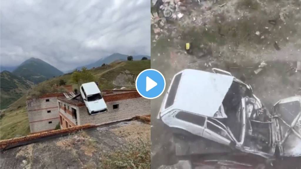 shocking accident happen while doing car stunt on building terrace video viral on social media