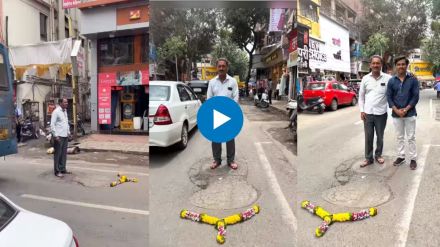 A man form pune is paying tribute to the road potholes by wearing garlands