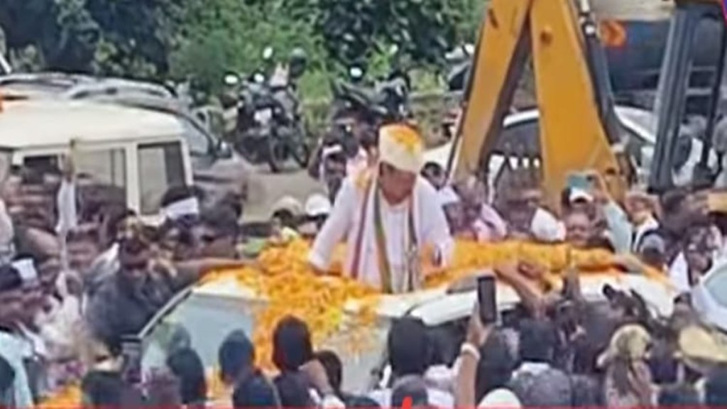 cm ajit pawar grand welcome flowers showered from jcb