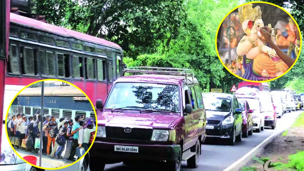 ganesh Devotees going to village mumbai goa highway traffic jam