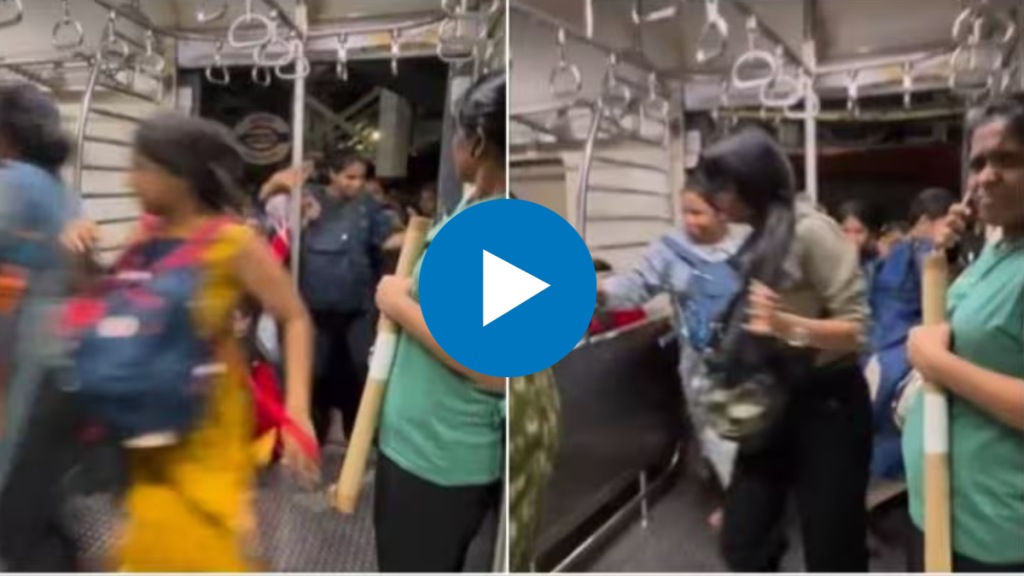 women rushing to get into moving Mumbai local train