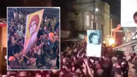 sambhaji bhide with nathuram godse image in ganesh visarjan procession