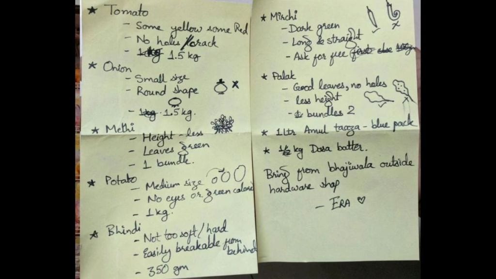 husband not able to bring fresh vegetables wife made detailed list for him