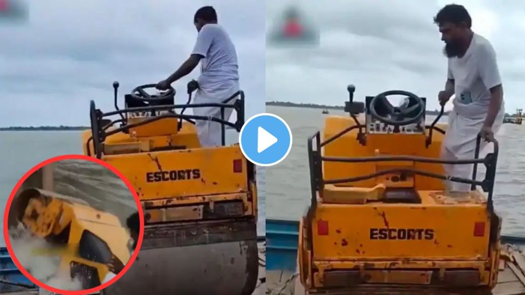 man putting Road Roller on the boat