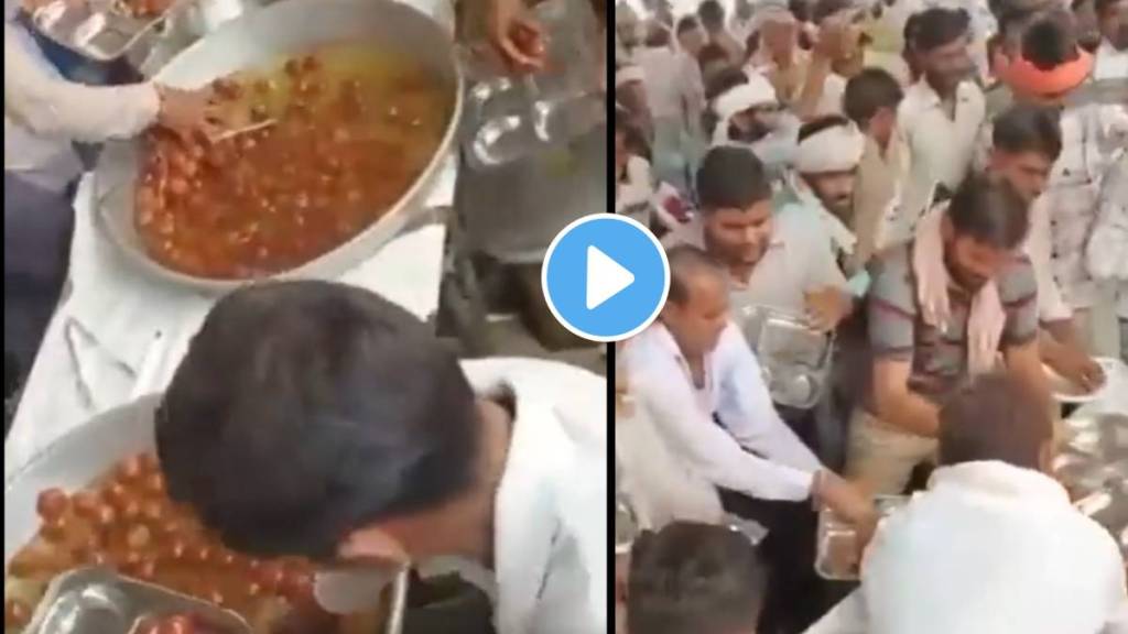 People gathered to eat gulab jam Someone filled a bag, and someone filled a plate with gulab jam