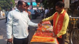 Stalls decorated with Shiv Sena campaign materials