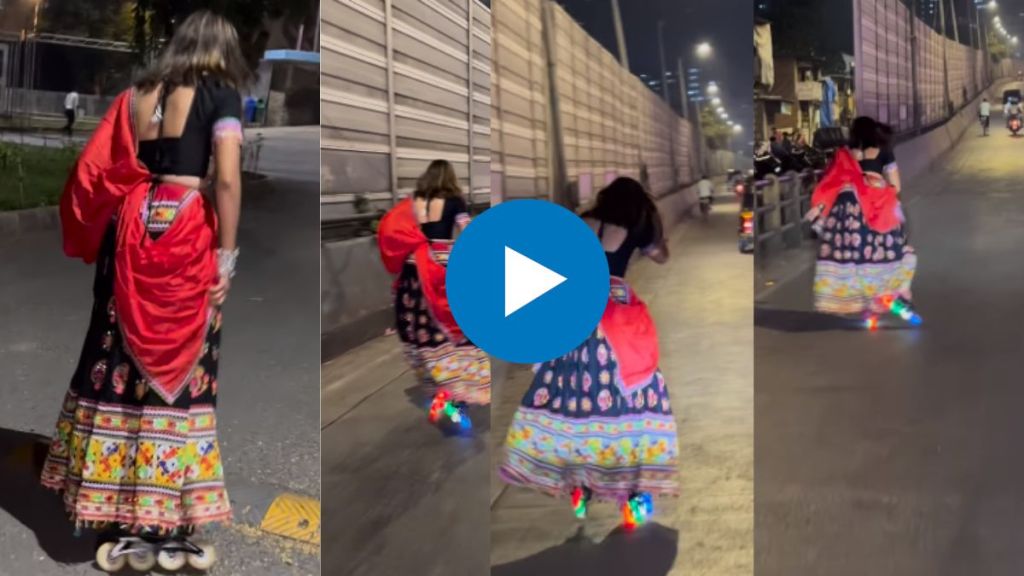 The young girl skates in style wearing a lehenga