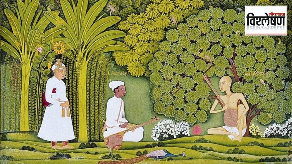 Akbar and Tansen visit Swami Haridas in Vrindavan.