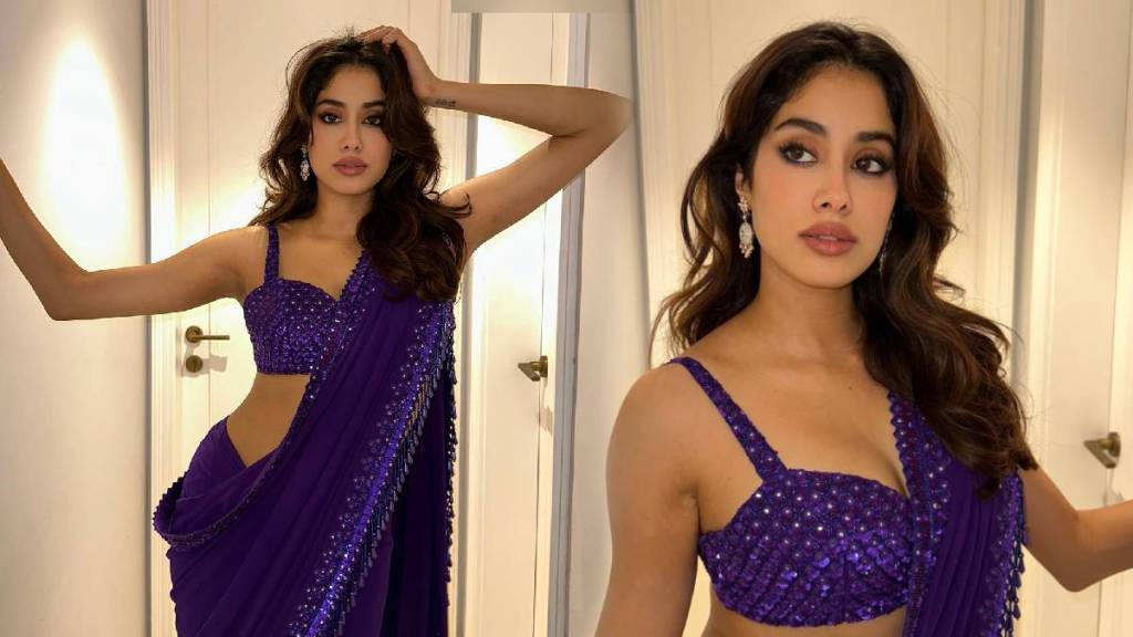 bollywood actress janhvi kapoor royal blue saree which cost of 95 thousand