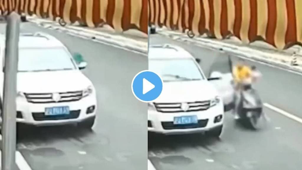 shocking accident as a man suddenly open car door on road