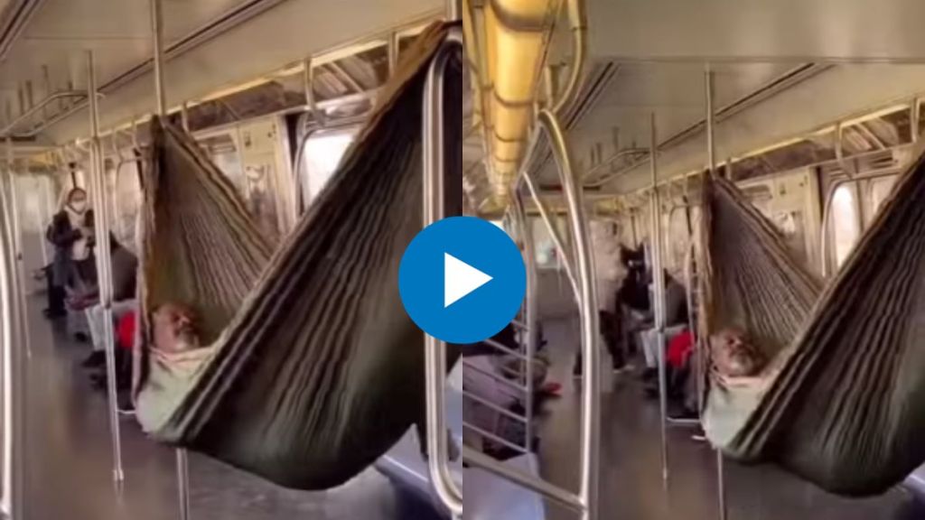 metro funny incident man made a cloth swing in new york subway and slept video goes viral