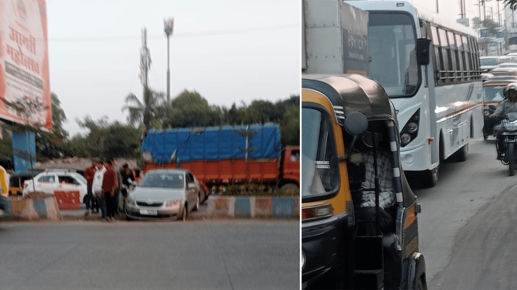 Traffic congestion Shilpata road during rush hours Intrusion of vehicles road dividers dombivli