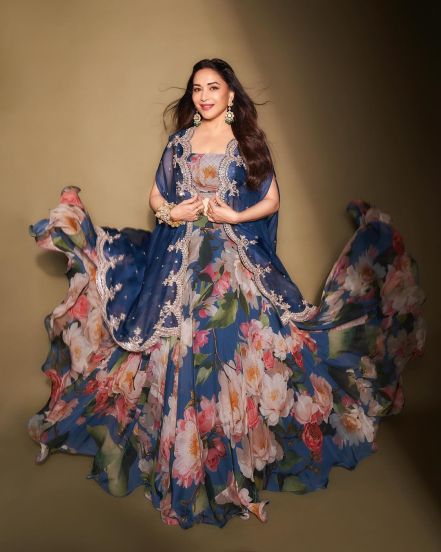 Madhuri Dixit Blue Floral Lehenga