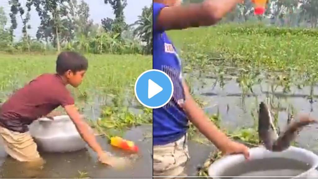 desi jugaad video kid find new technique of catching fishes in pond this video is going viral