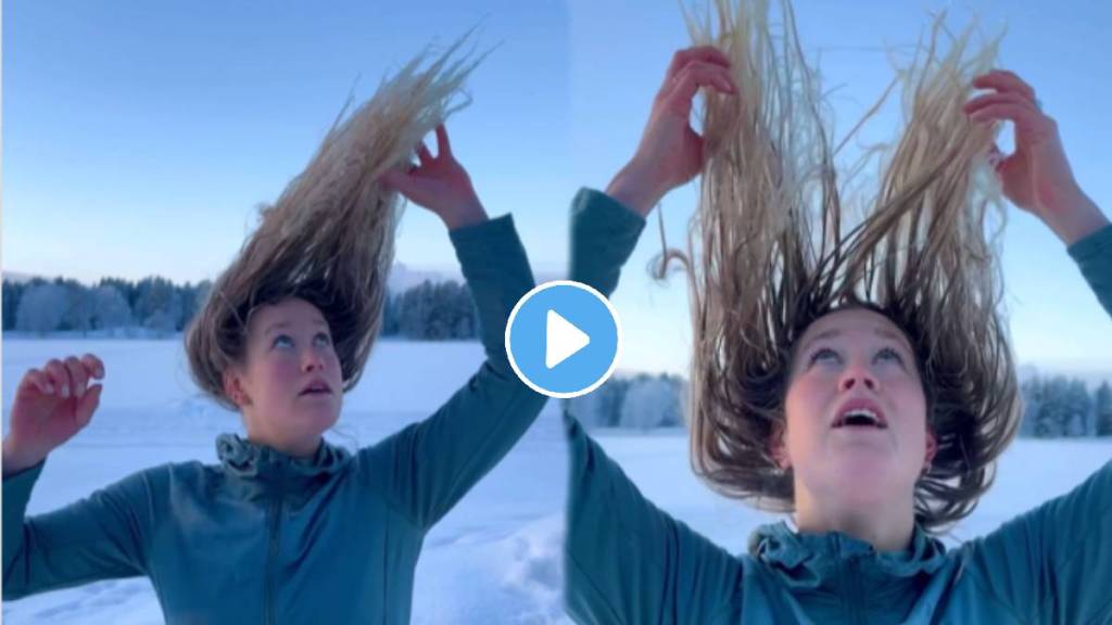 viral video of womans hair freezes as she steps outside into sub zero sweden weather