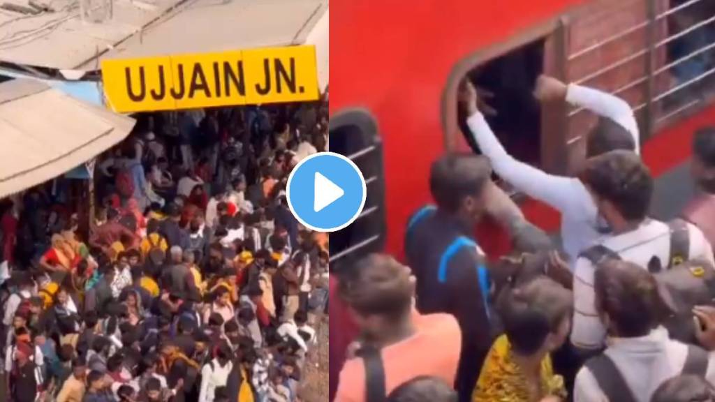 viral video of passengers boarding overcrowded train through windowsat ujjain station