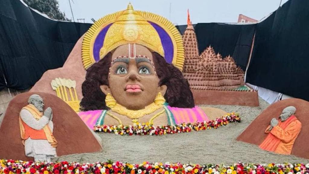 Sudarsan Pattnaik Created Lord Shri Ram on sand with 500 miniature replicas of the Ram temple at Ayodhya