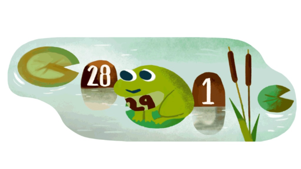 Google’s cute doodle for February’s Leap Day features a playful frog