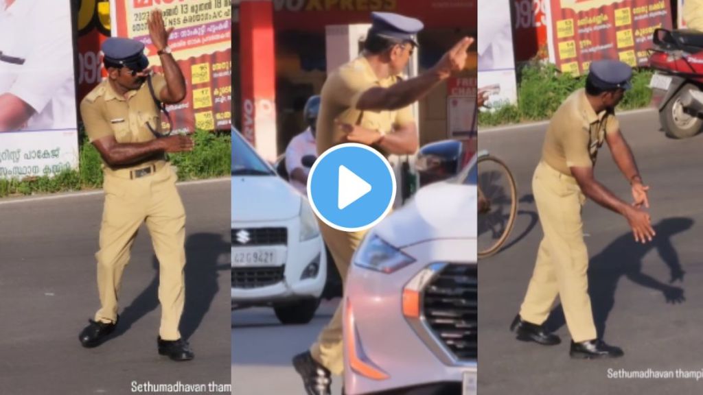 a traffic police keep his duty in filmy style while controlling traffic on the highway