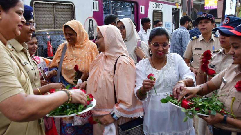 On behalf of International Women Day Police Officers giving roses Every Women On CSMT Railway Police Station 