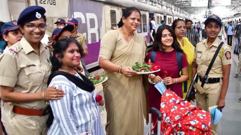 On behalf of International Women Day Police Officers giving roses Every Women On CSMT Railway Police Station