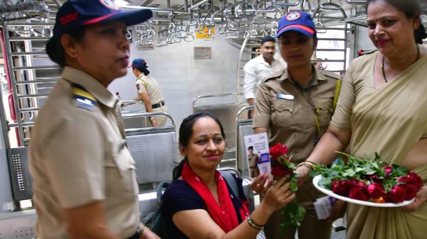 On behalf of International Women Day Police Officers giving roses Every Women On CSMT Railway Police Station 