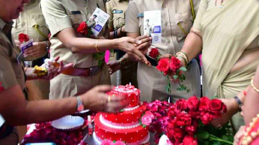 On behalf of International Women Day Police Officers giving roses Every Women On CSMT Railway Police Station