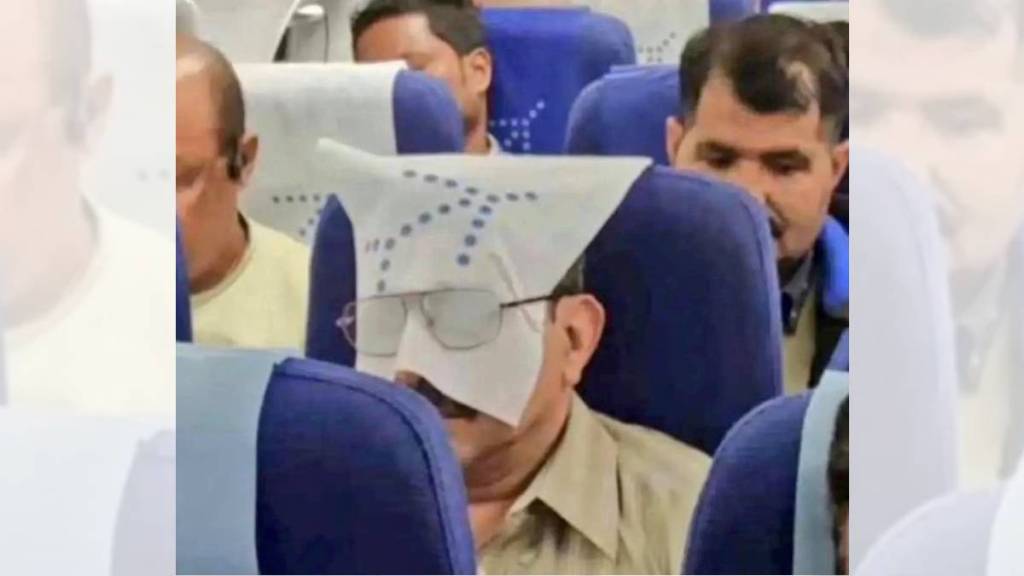 Viral Pic Man Desi Jugaad to use headrest cover as free eye mask on an IndiGo flight is best